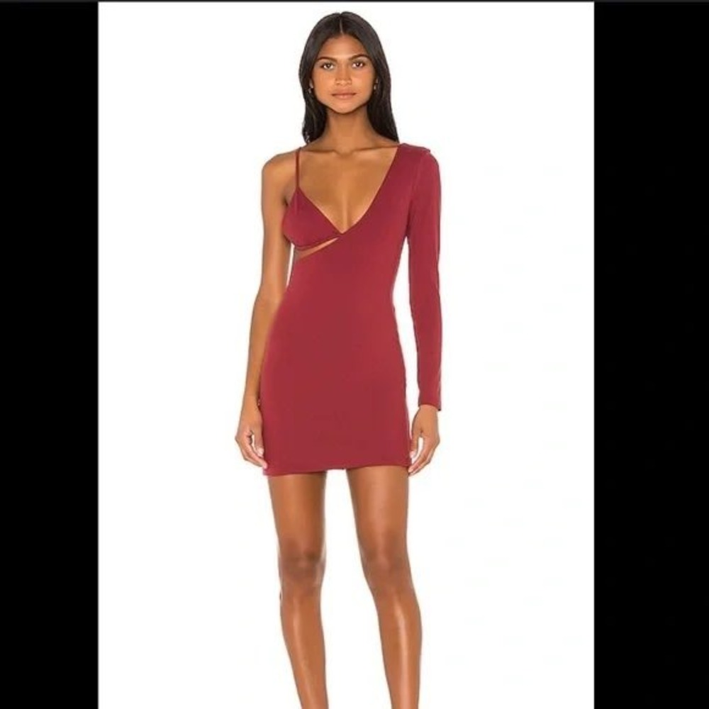 Superdown XS Burgundy Asymmetrical One Sleeve Cutout Bodycon Mini Dress New